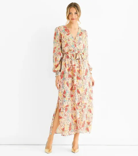 Women's Multicoloured Floral Wrap Midi Dress