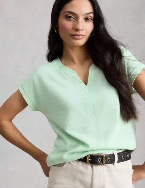 White Stuff Pure Cotton Textured Notch Neck T-Shirt Green