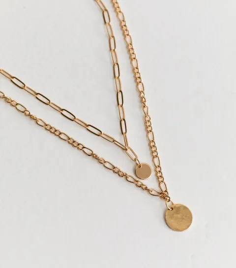 New Look Gold Tone 2 Layer Chunky Chain Long Drop Disc Necklace