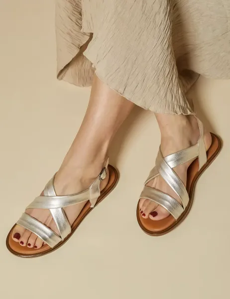 Jones Bootmaker Leather Ankle Strap Flat Sandals Silver