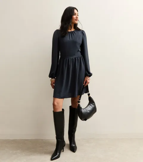 Women's Black Long Sleeve Skater Skirt Mini Dress
