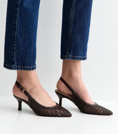 Women's Dark Brown Faux Leather Woven Slingback Pumps Vegan