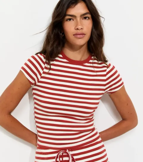 Women's Red Striped Cropped Baby Tee T-Shirt
