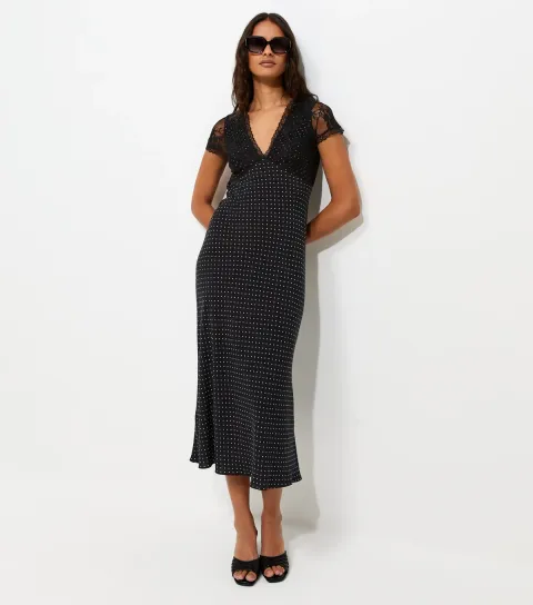 Women's Black Short Sleeve Spot Print Lace Bust Midi Dress