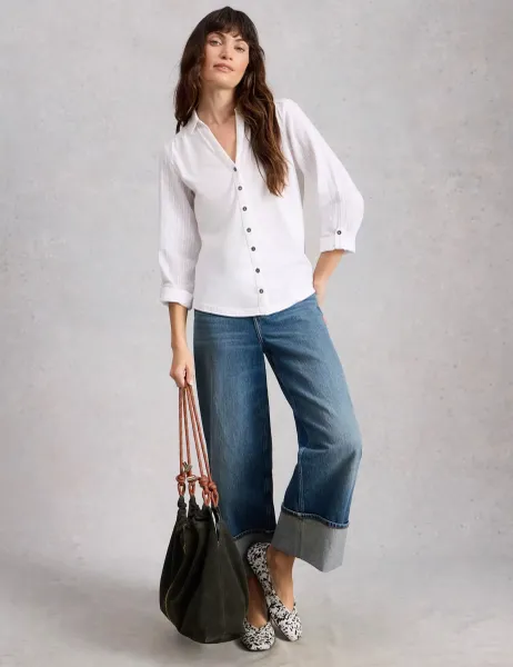 Mixed Jersey Sheer Sleeves Shirt White