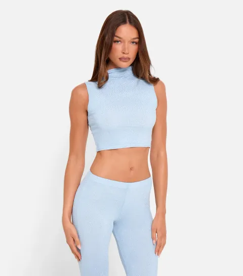 Women's Light Blue High Neck Rhinestone Embellished Top