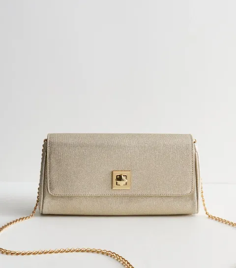 New Look Gold Twist Lock Textured Faux Leather Clutch