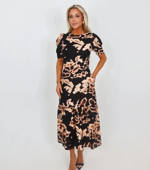 Women's Black Abstract Design Smock Midi Dress