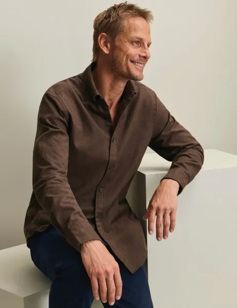 Charles Tyrwhitt Long Sleeve Brushed Cotton Flannel Shirt Chocolate