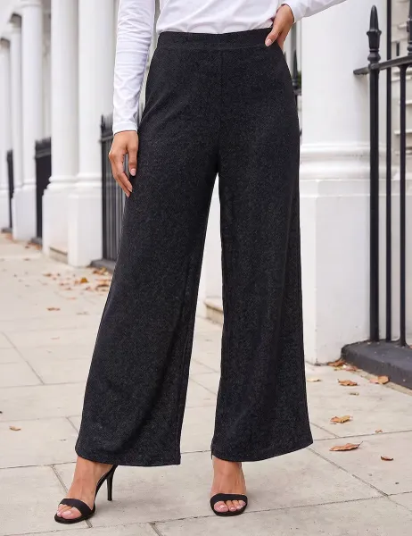 Roman Metallic Wide Leg Trousers with Stretch Black