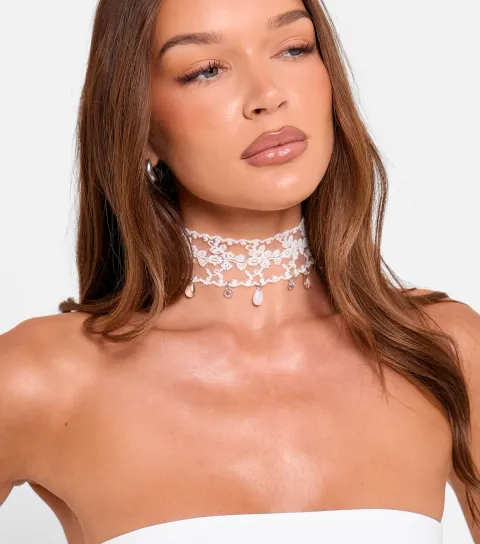 Off White Embellished Lace Choker Necklace