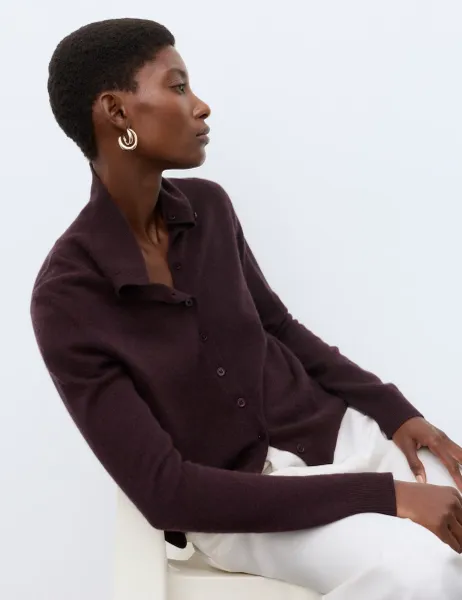 Autograph Pure Cashmere Funnel Neck Cardigan Dark Aubergine