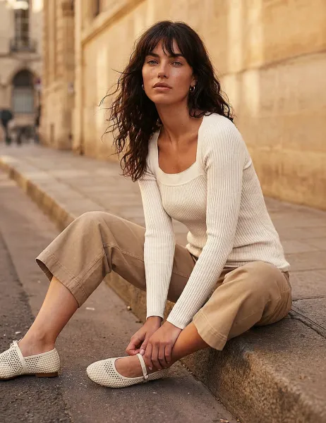 Roman Ribbed Square Neck Knitted Top Ivory Mix