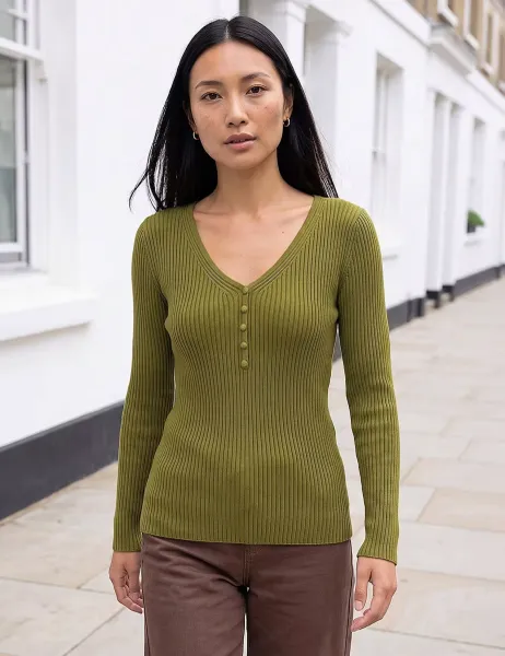 Roman Ribbed Button Detail Knitted Top Olive