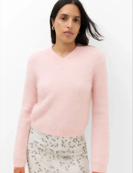 Marks & Spencer Wool Blend V-Neck Jumper with Mohair Pale Pink