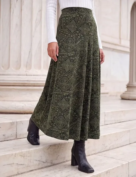 Roman Abstract Print Midi Skirt Khaki Mix