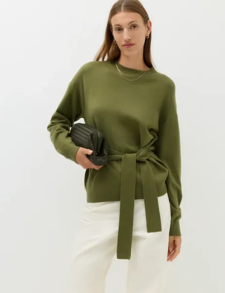 Marks & Spencer Tie Front Crew Neck Relaxed Jumper Sage