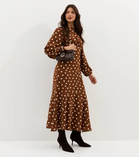 New Look Women's Brown Polka Dot Godet Midi Dress