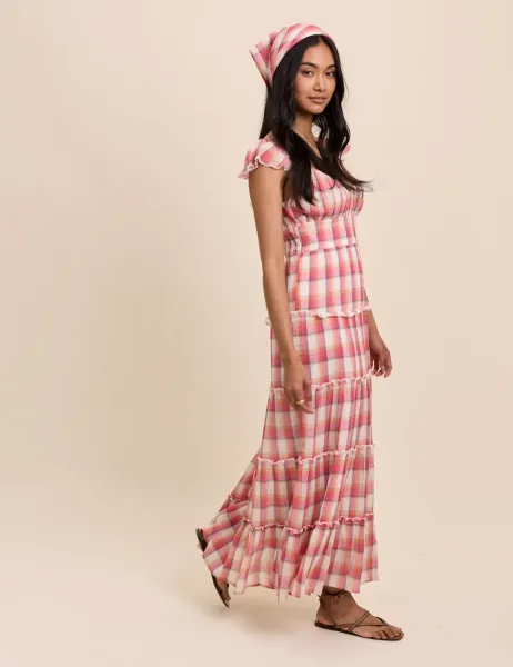 Nobody's Child Pure Cotton Checked V-Neck Maxi Dress QT Red Mix