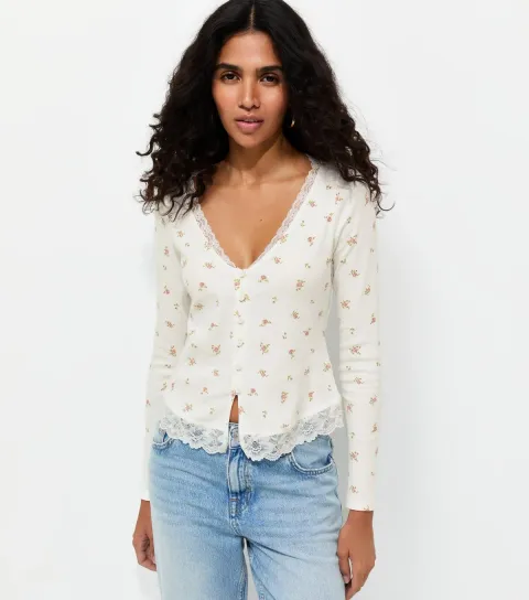 Women's Cream Cotton Rich Floral Print Button Front Ribbed Top