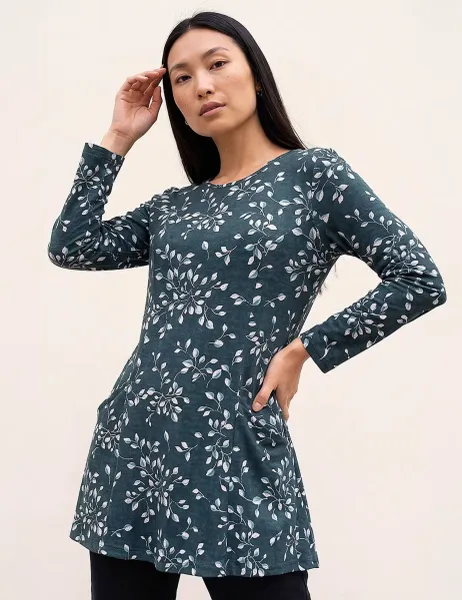 Roman Floral Puff Print Longline Top Teal Mix