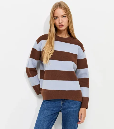 New Look Women's Blue Striped Oversized Crew Neck Jumper