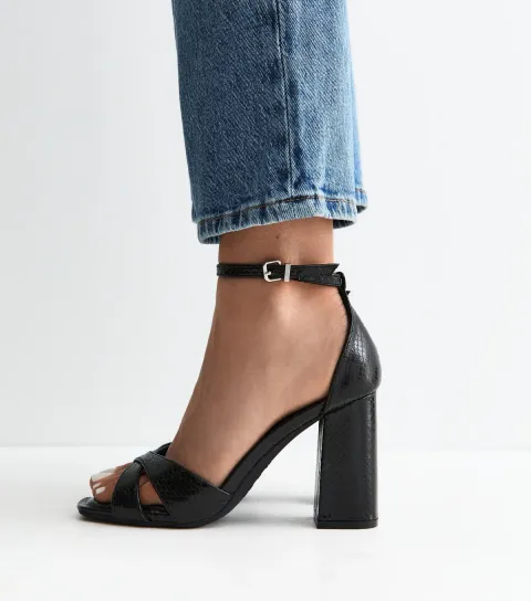 Women's Black Faux Leather Crossover Strap High Block Sandals Vegan