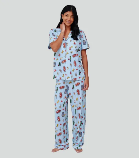 Women's Blue Pasta Print Short Sleeve Pyjama Set
