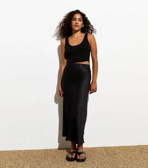 Women's Petite Black Satin Bias Cut Midi Skirt