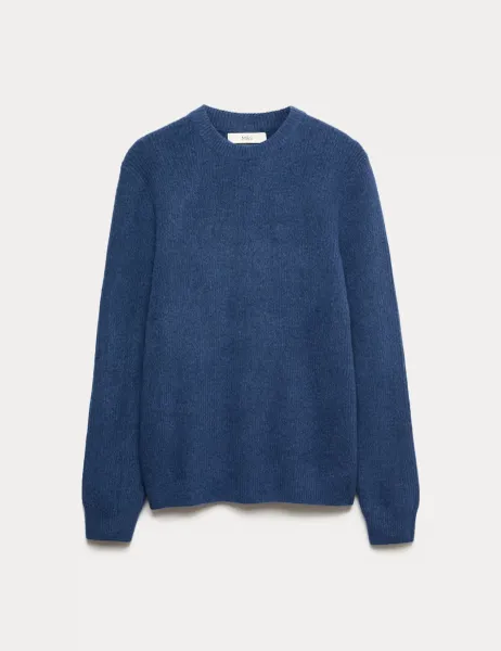 Marks & Spencer Supersoft Ribbed Crew Neck Jumper with Wool Medium Indigo