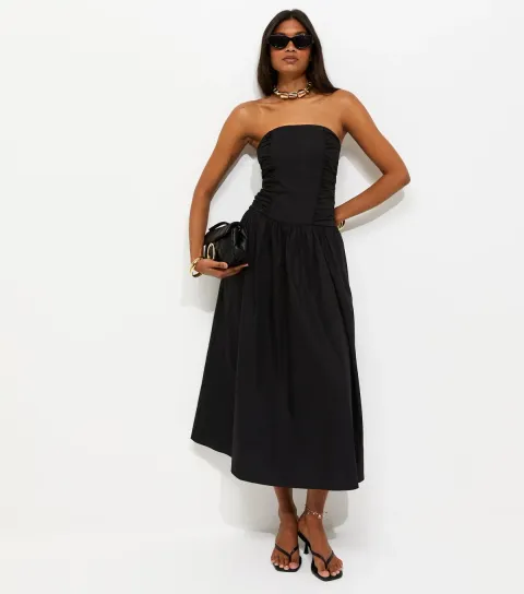 Women's Black Cotton Ruched Bandeau Midi Dress