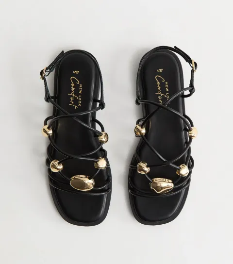 Women's Black Faux Leather Stappy Metal Detail Flat Sandals Vegan