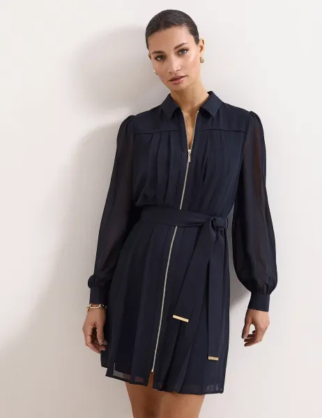 Phase Eight Zip Up Tie Belt Mini Shirt Dress Navy