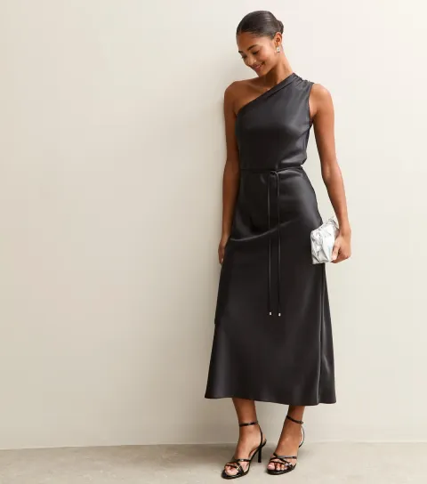 Women's Black Satin One Shoulder Tie Waist Midi Dress