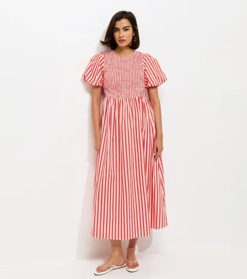 Women's Pink Striped Puff Sleeves Shirred Smock Midi Dress