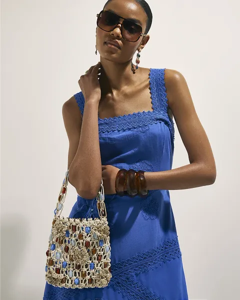 River Island Beaded 3D Flower Rope Bag