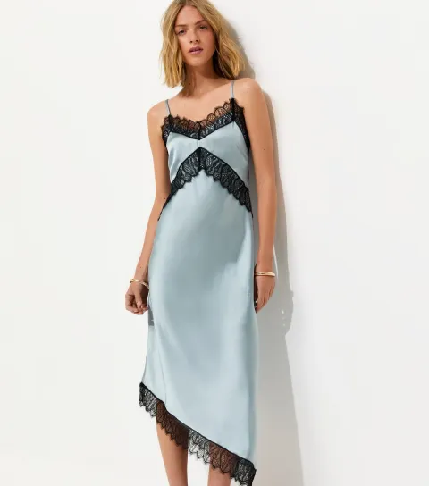 Women's Light Blue Satin Strappy Asymmetric Midi Dress