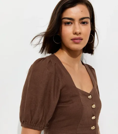 New Look Women's Dark Brown Linen Rich Shell Button Peplum Top