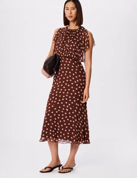 Whistles Polka Dot Crew Neck Midi Waisted Dress Brown Mix
