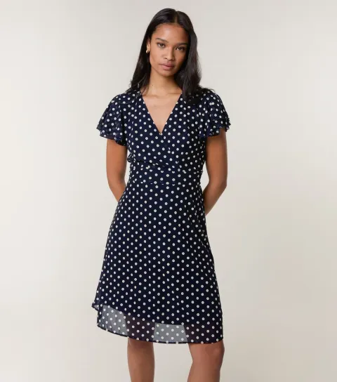 Women's Navy Spot Mesh Frill Sleeve Midi Dress