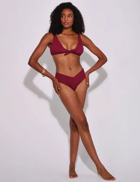 South Beach Crinkle V-Waist High Leg Bikini Bottoms Burgundy
