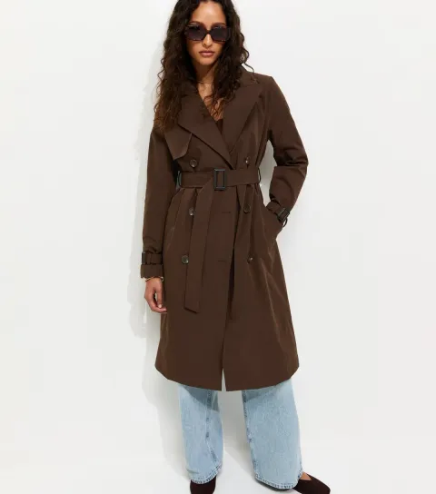New Look Women's Dark Brown Double Breasted Belted Trench Coat
