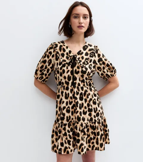 New Look Women's Brown Leopard Print Tie Collar Mini Dress