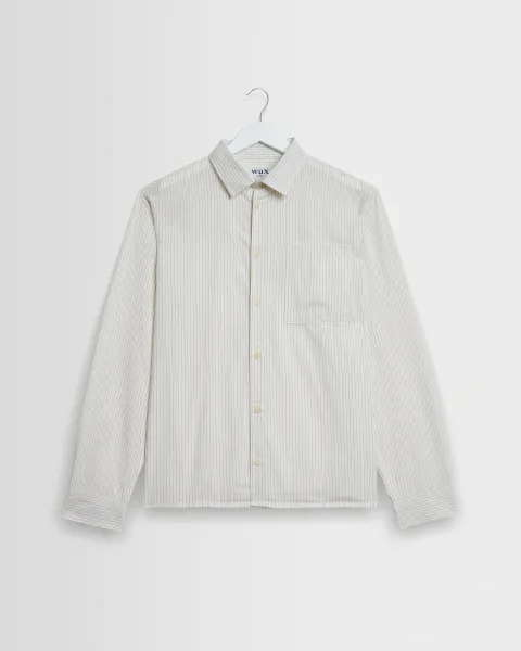 Wax London Halcomb - Ecru and Blue Broken Stripe Cotton Shirt