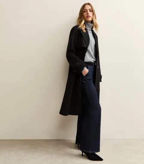 Women's Black Brushed Double Breasted Trench Coat