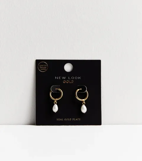 18ct Gold Plated Faux Pearl Drop Hoop Earrings