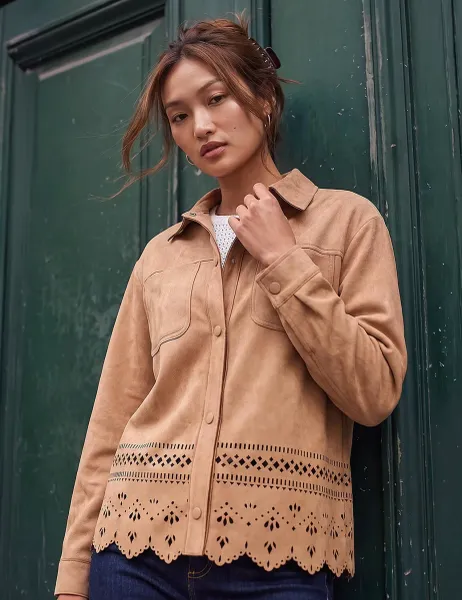 Roman Faux Suede Cut Out Detail Shacket Stone
