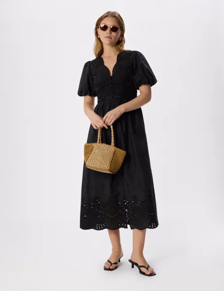Whistles Pure Cotton Broderie Midaxi Waisted Dress Black