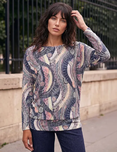 Roman Jersey Printed Slash Neck Banded Hem Top Pink