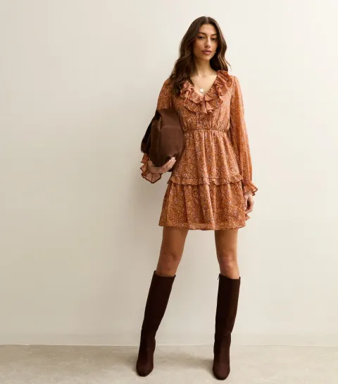 Women's Tall Orange Paisley Chiffon Mini Dress